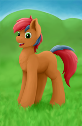 Size: 900x1388 | Tagged: safe, artist:redquoz, oc, oc only, oc:redpone, earth pony, pony, blank flank, chest fluff, field, grass, grass field, happy, male, outdoors, paintstorm, paintstorm studio, smiling, solo