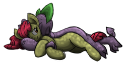 Size: 991x522 | Tagged: safe, artist:rannva, derpibooru import, apple bloom, spike, dragon, earth pony, pony, cuddling, cute, eyes closed, female, interspecies, male, older, on side, shipping, sleeping, smiling, snuggling, spikebloom, straight