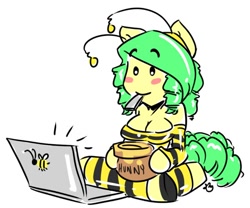 Size: 530x440 | Tagged: safe, artist:duckdraw, derpibooru import, oc, oc only, oc:buzzy bee, anthro, ambiguous facial structure, ask, computer, honey, laptop computer