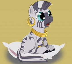 Size: 1280x1129 | Tagged: safe, derpibooru import, zecora, zebra, age regression, baby, baby zebra, cute, filly, foal, pillow, transformation, zecorable