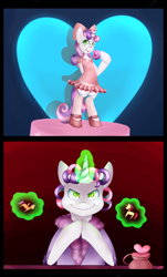 Size: 3276x5407 | Tagged: safe, artist:themaliciouskitty, derpibooru import, sweetie belle, pony, bipedal, cats don't dance, clothes, evil grin, grin, parody, smiling