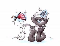 Size: 2549x1988 | Tagged: safe, artist:nya-nannu, oc, oc only, oc:snow kiss, pony, unicorn, fan, glasses, magic, simple background, snow, solo, white background