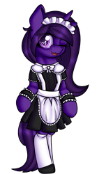 Size: 1062x1748 | Tagged: safe, artist:xcinnamon-twistx, oc, oc only, oc:nova aurora, unicorn, bipedal, clothes, dress, heart eyes, maid, one eye closed, simple background, smiling, solo, transparent background, wingding eyes, wink