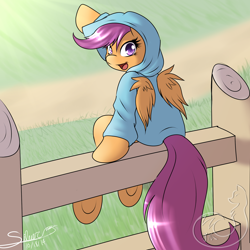 Size: 2000x2000 | Tagged: safe, artist:silverfox057, scootaloo, clothes, filly, hoodie, open mouth, solo