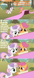 Size: 640x1440 | Tagged: safe, derpibooru import, edit, edited screencap, screencap, scootaloo, sweetie belle, the show stoppers, comic, duo, fabric, meme, piano, screencap comic, spider-man