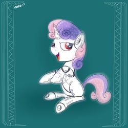 Size: 1500x1500 | Tagged: safe, artist:mcsadat, derpibooru import, sweetie belle, sweetie bot, pony, robot, unicorn, female, filly, foal, hooves, horn, open mouth, sitting, solo