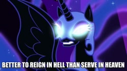 Size: 600x338 | Tagged: safe, nightmare moon, alicorn, pony, black coat, female, horn, image macro, mare, paradise lost, solo, wings