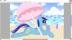 Size: 1024x576 | Tagged: safe, artist:xcinnamon-twistx, minuette, ball, beach, commission, example, female, food, ice cream, mare, my little pony, ocean, rest, sunglasses, tongue out, umbrella, water, ych example, your character here