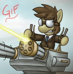 Size: 670x678 | Tagged: safe, artist:hirurux, derpibooru import, doctor whooves, earth pony, pony, brown coat, brown mane, gun, male, solo, stallion