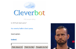 Size: 611x398 | Tagged: safe, derpibooru import, sweetie belle, cleverbot, cm punk, funny, meme, misspelling, sad, text, wwe