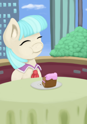 Size: 840x1200 | Tagged: safe, artist:redquoz, coco pommel, atg 2018, cake slice, clothes, day 15, equestria daily, manehattan, newbie artist training grounds, solo