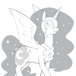 Size: 1000x1000 | Tagged: safe, artist:redintravenous, derpibooru import, nightmare moon, alicorn, pony, ethereal mane, female, grayscale, helmet, lidded eyes, looking at you, mare, monochrome, open mouth, peytral, simple background, solo, spread wings, white background, wings