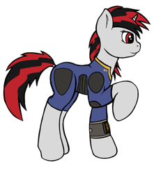 Size: 1060x1200 | Tagged: safe, artist:redquoz, oc, oc:blackjack, pony, unicorn, fallout equestria, fallout equestria: project horizons, clothes, day 17, equestria daily, fanfic, fanfic art, female, hooves, horn, mare, newbie artist training grounds, pipbuck, raised hoof, security armor, simple background, small horn, solo, transparent background, vault security armor, vault suit