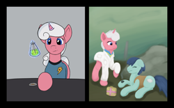 Size: 1600x989 | Tagged: safe, artist:redquoz, oc, oc:soft heart, earth pony, pony, unicorn, fallout equestria, atgday29, crossover, injured, medkit, newbie artist training grounds, nurse, potion, potion making, star trek, star trot