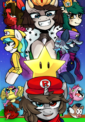 Size: 800x1140 | Tagged: safe, artist:raito1, derpibooru import, ruby pinch, oc, oc:ivory, oc:rainbird, oc:raipony, oc:roolo, earth pony, ghost, pegasus, pony, undead, unicorn, ? block, boo (super mario), bowser, cap, chain chomp, clothes, coin, cosplay, costume, crossover, crown, crying, flutterguy, glare, goomba, grin, hat, heart eyes, heterochromia, jewelry, mario, mod pony, nintendo, open mouth, overalls, princess daisy, princess peach, regalia, sally, smirk, starry eyes, super mario bros., super mario land, waluigi, wario, wingding eyes