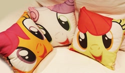 Size: 933x546 | Tagged: safe, apple bloom, scootaloo, sweetie belle, cute, cutie mark crusaders, photo, pillow