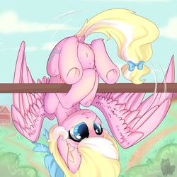 Size: 2048x2048 | Tagged: safe, artist:alphadesu, oc, oc only, oc:bay breeze, pegasus, pony, bow, cute, ear fluff, female, hair bow, mare, spread wings, tail bow, underhoof, upside down, wings