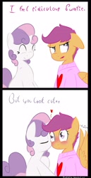 Size: 1600x3100 | Tagged: safe, artist:kryptchild, derpibooru import, scootaloo, sweetie belle, blushing, clothes, comic, female, kissing, lesbian, scootabelle, shipping, sweater, wingboner