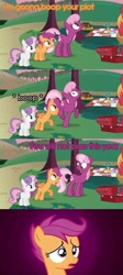 Size: 500x1119 | Tagged: safe, derpibooru import, cheerilee, scootaloo, sweetie belle, angst, boop, comic, disproportionate retribution