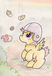 Size: 731x1065 | Tagged: safe, artist:slightlyshade, derpibooru import, scootaloo, cupcake, helmet, solo, traditional art