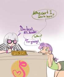 Size: 750x900 | Tagged: safe, artist:moronsonofboron, photo finish, sweetie belle, human, desk, german, grammar error, humanized, pen, talking, writing