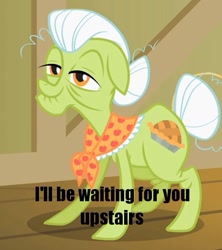 Size: 456x513 | Tagged: safe, derpibooru import, edit, edited screencap, screencap, granny smith, earth pony, pony, caption, female, i'll be waiting for you upstairs, image macro, mare, solo