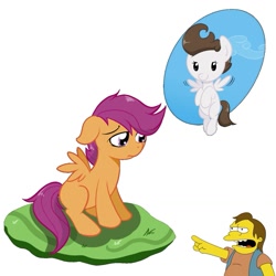 Size: 1051x1051 | Tagged: safe, derpibooru import, pound cake, scootaloo, floppy ears, flying, frown, laughing, nelson muntz, open mouth, pointing, sad, scootaloo can't fly, sitting, smiling, the simpsons