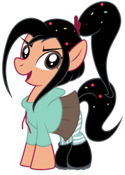 Size: 900x1257 | Tagged: safe, artist:marelynmanson, derpibooru import, earth pony, pony, open mouth, ponified, simple background, smiling, solo, sugar rush, transparent background, vanellope von schweetz, wreck-it ralph