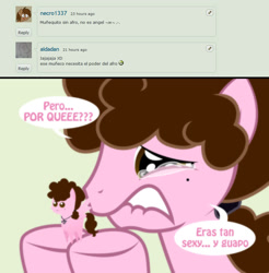 Size: 886x901 | Tagged: safe, artist:shinta-girl, oc, oc only, oc:shinta pony, angel pony, afro, ask a pony, cake doll, crying, deviantart, solo, spanish, speech bubble