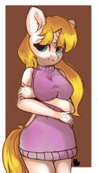 Size: 4000x7000 | Tagged: safe, artist:alphadesu, oc, oc only, oc:snow veil, anthro, unicorn, anthro oc, arm under breasts, backless, backless sweater, breasts, clothes, cute, female, looking at you, mare, sleeveless, sleeveless sweater, solo, virgin killer sweater, ych result