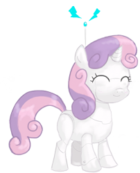 Size: 423x523 | Tagged: safe, artist:hetdegon, derpibooru import, sweetie belle, sweetie bot, pony, robot, unicorn, blank flank, eyes closed, female, filly, foal, hooves, horn, simple background, smiling, solo, transparent background