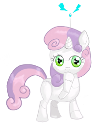 Size: 423x523 | Tagged: safe, artist:hetdegon, derpibooru import, sweetie belle, sweetie bot, pony, robot, unicorn, blank flank, female, filly, foal, hooves, horn, looking at you, simple background, solo, touching face, transparent background