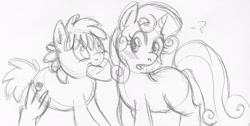 Size: 900x453 | Tagged: safe, artist:enigmaticfrustration, derpibooru import, sweetie belle, truffle shuffle, earth pony, pony, colt, female, male, mouth hold, shipping, sketch, straight, sweetieshuffle