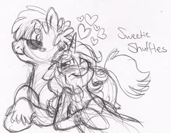 Size: 900x701 | Tagged: safe, artist:enigmaticfrustration, derpibooru import, sweetie belle, truffle shuffle, blushing, female, male, older, shipping, sketch, straight, sunglasses, sweetieshuffle