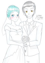 Size: 861x1200 | Tagged: safe, artist:jonfawkes, cloudy quartz, igneous rock pie, human, 30 minute art challenge, bouquet, clothes, dress, humanized, quartzrock, tuxedo, wedding dress, younger