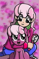 Size: 548x818 | Tagged: safe, artist:quarium, cheerilee, earth pony, human, pony, brush, clothes, female, human ponidox, humanized, mare, scarf, sweater