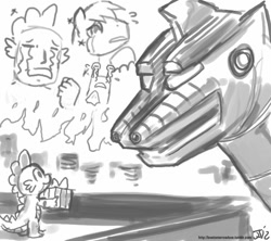 Size: 800x711 | Tagged: safe, artist:johnjoseco, derpibooru import, spike, dragon, robot, godzilla (series), grayscale, mechagodzilla, monochrome, slugbox