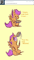 Size: 632x1110 | Tagged: safe, artist:feathersandink, derpibooru import, scootaloo, ask, comic, pie, that scootaloo, tumblr