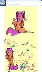 Size: 632x1091 | Tagged: safe, artist:feathersandink, derpibooru import, scootaloo, ask, comic, headphones, paintbrush, that scootaloo, tumblr