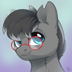 Size: 1000x1000 | Tagged: safe, artist:alphadesu, oc, oc only, oc:zenfox, pony, bust, commission, digital art, ear fluff, glasses, hair over one eye, male, smiling, solo, stallion, ych result