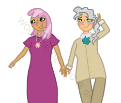 Size: 650x550 | Tagged: safe, artist:woop-de-de-doo, cheerilee, mayor mare, blushing, clothes, dress, female, glasses, holding hands, humanized, jewelry, lesbian, mayorlee, necklace, shipping, simple background, transparent background