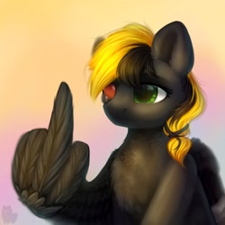 Size: 1080x1080 | Tagged: safe, artist:alphadesu, oc, oc only, oc:shade demonshy, pegasus, pony, chest fluff, fuck you, gradient background, middle feather, middle finger, multicolored hair, solo, vulgar, wing hands, ych result