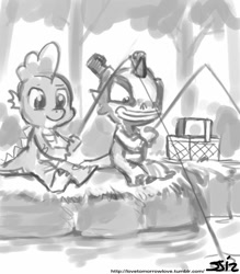 Size: 735x840 | Tagged: safe, artist:johnjoseco, derpibooru import, spike, dragon, adamai, crossover, fishing, grayscale, monochrome, wakfu