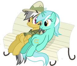 Size: 1400x1200 | Tagged: safe, artist:drumblastingquilava, derpibooru import, daring do, lyra heartstrings, bench, sitting