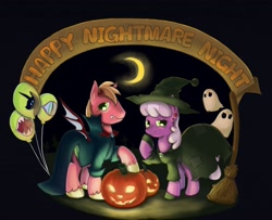 Size: 2788x2268 | Tagged: safe, artist:10307, derpibooru import, big macintosh, cheerilee, earth pony, pony, undead, vampire, vampony, costume, male, nightmare night, pixiv, stallion, witch