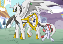 Size: 1024x726 | Tagged: safe, artist:erinkarsath, derpibooru import, alicorn, pony, alicornified, arceus, duo, female, filly, foal, genderless, latias, legendary pokémon, long mane, pokémon, ponified, ponymon, spread wings, wings