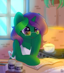 Size: 3500x3999 | Tagged: safe, artist:alphadesu, oc, oc only, oc:buggy code, pony, unicorn, apron, cabinet, chest fluff, clothes, commission, female, glasses, kitchen, magazine, mare, open mouth, oven, plant, pot, recipe, solo, window, ych result