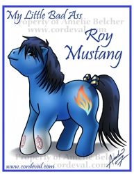 Size: 600x776 | Tagged: safe, artist:amelie-ami-chan, fullmetal alchemist, ponified, roy mustang, simple background, text