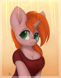 Size: 2352x2999 | Tagged: safe, artist:alphadesu, oc, oc:debra rose, anthro, semi-anthro, unicorn, :3, abstract background, breasts, cleavage, clothes, commission, ear piercing, earring, female, freckles, jewelry, looking at you, nudity, piercing, shirt, smiling, solo, ych result