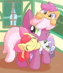 Size: 909x1055 | Tagged: safe, artist:nyankamedon, apple bloom, cheerilee, scootaloo, sweetie belle, cheeribetes, cute, cutie mark crusaders, eyes closed, female, filly, foal, hug, mare, one eye closed, one hoof raised, pixiv, pony pile, ponyville schoolhouse, smiling, standing